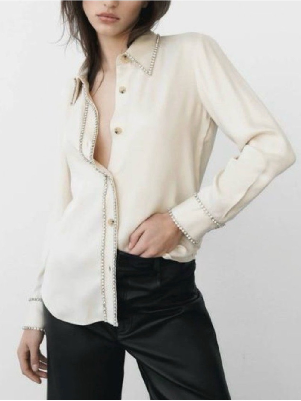 ZARA Cream Button-Down Blouse with Jewel Trim - Size: S - NWT!